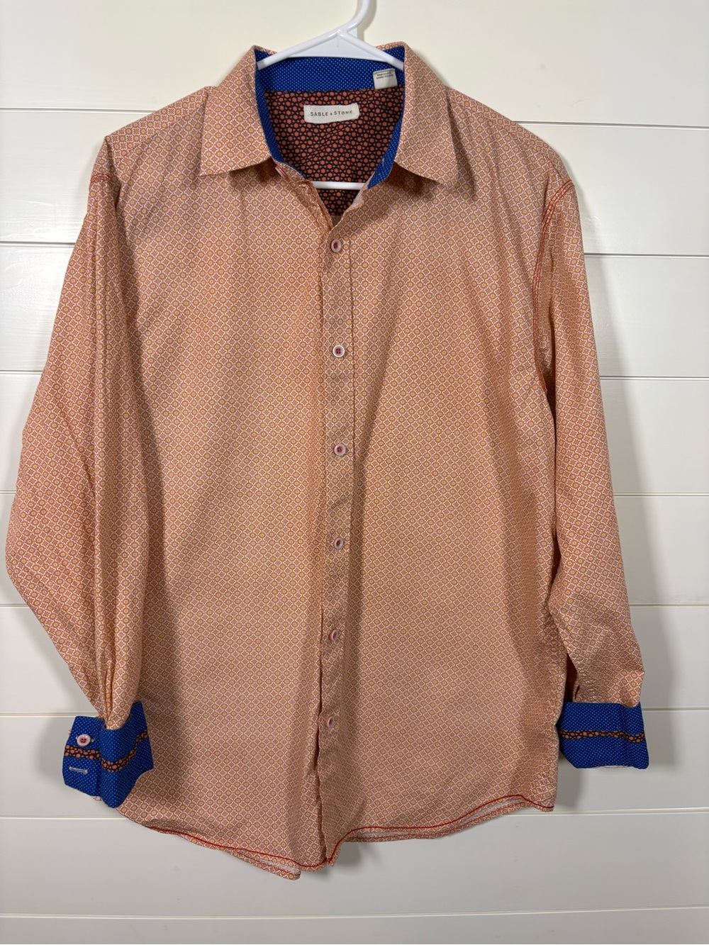 Orange Sable & Stone Casual Button-Down Shirt Blue Polka Dot Contrast Trim